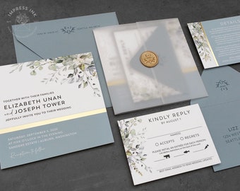 Dusty Blue and Greenery Wedding Invitation Sample | Modern Gold Foil Stripe | Vellum Wrap and Wax Seal