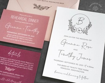 Monogram Floral Wreath Greenery l Elegant Letterpress Wedding Invitation Sample | Ombre Pink and Burgundy
