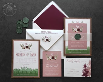 Floral Antlers Woodland Watercolor Wedding Invitation Sample | Flat or Pocket Fold Style