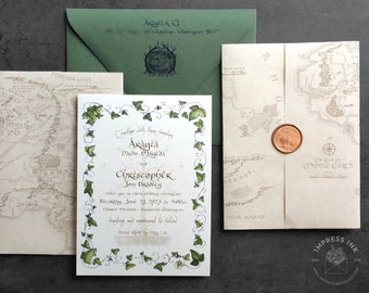 Muestra de invitación de boda de El Señor de los Anillos Tierra Media / Invitación inspirada en LOTR Hobbit / Sello de cera