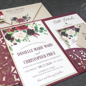 Burgundy and Blush Floral Watercolor Wedding Invitation Sample | Flat, Laser Cut, or Pocket Fold Invite | Elegant Garden Flowers