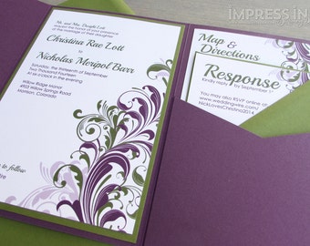 Filigree Corner Flourish Wedding Invitation Sample | Flat or Pocket Fold Style