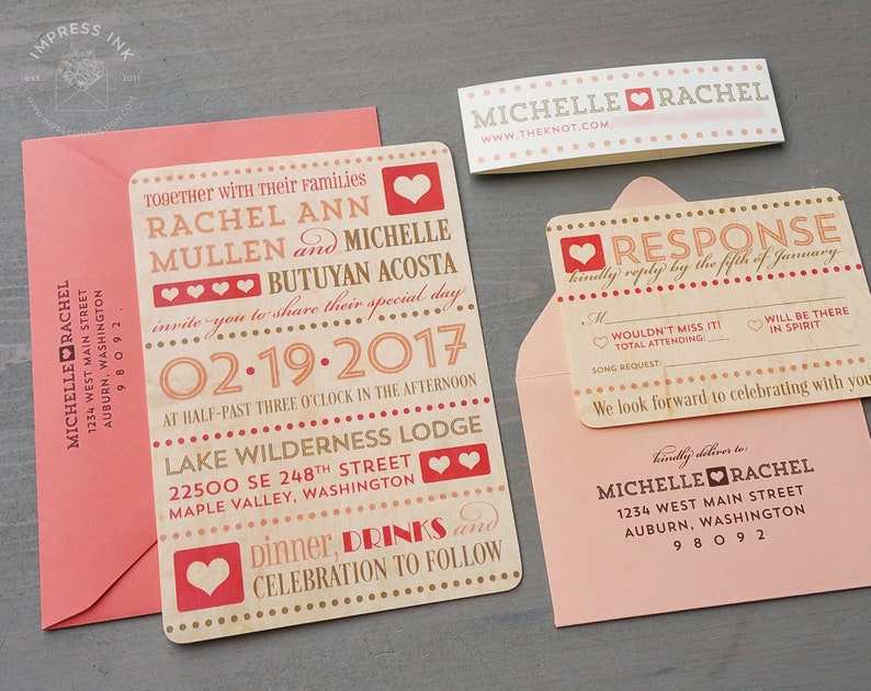 Real Wood Cards Typography Wedding Invitation Sample Flat or Pocket Fold Style image 1