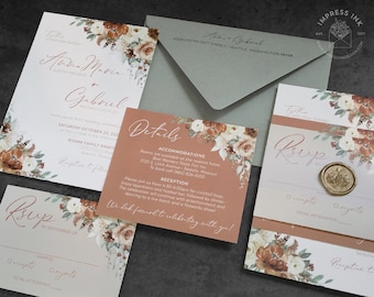 Autumn Floral Rustic Wedding Invitation Sample | Fall Flowers | Orange Terra Cotta Harvest Invite