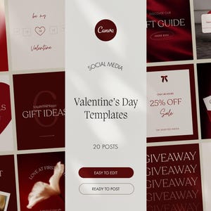 May include: A collection of Valentine's Day social media templates with a red and white color scheme. The templates include designs for sales, gift ideas, giveaways, and more. The Canva logo is visible.