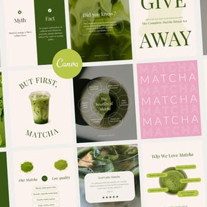 May include: A collection of informational graphics about matcha tea, featuring text and images. The graphics include facts, myths, preparation tips, and the benefits of matcha. The color scheme is primarily green and white, with some pink accents.