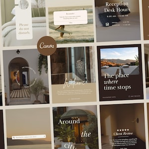 May include: A collection of hotel-themed social media posts. The posts include text such as "Please do not disturb," "Reception Desk Hours," and "The place where time stops." The colour scheme is neutral with brown and beige tones.