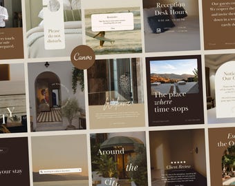 May include: A collage of hotel-themed social media posts. The posts feature text like "Please do not disturb," "Reception Desk Hours," and "The place where time stops." The color palette is neutral with brown and beige tones.