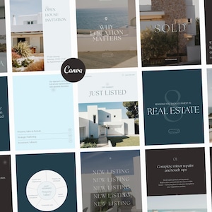 Puede incluir: Una colección de materiales de marketing inmobiliario con un diseño moderno. Las imágenes presentan textos como "Villa", "Open House Invitation" y "Just Listed". La paleta de colores incluye tonos de azul, blanco y negro.