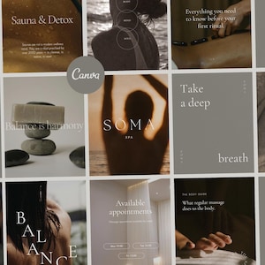 May include: A collage of spa-themed images with text overlays. The images feature body parts, stones, and text like "Sauna & Detox," "Balance is harmony," and "Take a deep breath." The color palette is neutral with a focus on beige and gray.