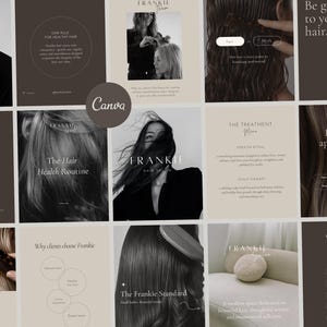 Könnte beinhalten: Eine Sammlung von Social-Media-Vorlagen für einen Friseursalon in einer neutralen Farbpalette aus Braun, Beige und Creme. Die Designs enthalten Textüberlagerungen wie Artistry, The Hair Health Routine, Frankie Hair Salon, The Treatment Menu und The Frankie Standard sowie Bilder von Haarpflege, Styling und Saloneinrichtungen.