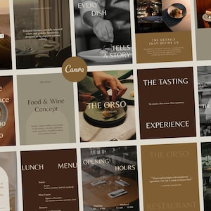 May include: A collection of twelve rectangular social media templates featuring a restaurant theme with a brown and beige colour palette. The designs include text overlays such as The Orso, Food & Wine Concept, Lunch Menu, and Opening Hours, alongside imagery of plated food, restaurant interiors, and kitchen staff.