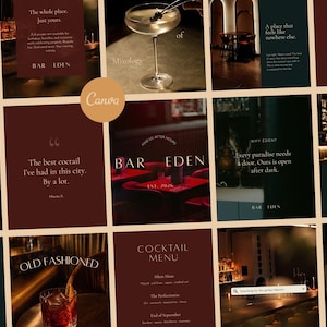 May include: A collage of images promoting Bar Eden, featuring cocktails, bar scenes, and text overlays. The color palette includes dark green, burgundy, and gold. Text includes "Mixology", "Cocktail Menu", and "Live Music &".