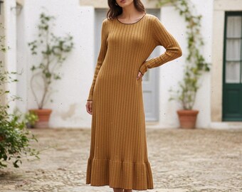 élégante robe en tricot de couleur unie à manches longues | Robe pull extensible | Ourlet à volants | Robe de tous les jours | Cadeau d'anniversaire