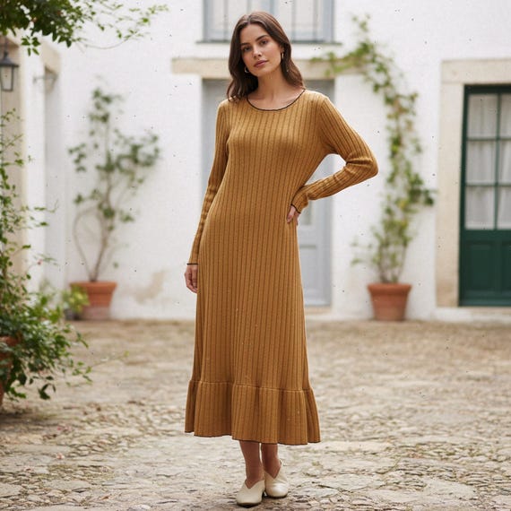 Elegant Long-Sleeved Solid Color Knit Dress | Stretch Pullover Dress | Ruffled Hem Design | Everyday Dress | Birthday Gift Elegant Long-Sleeved Solid Color Knit Dress | Stretch Pullover Dress | Ruffled Hem Design | Everyday Dress | Birthday Gift