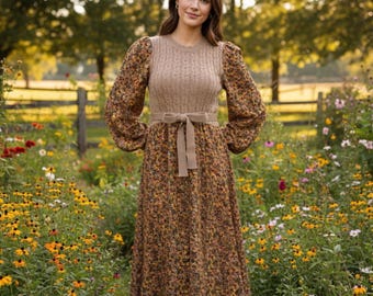 Gestricktes Patchwork Kleid | Damen Langarm Floral A-Linie Midi Kleid | Herbst lässiges Strickoberteil Patchwork Kleid | Geburtstagsgeschenk