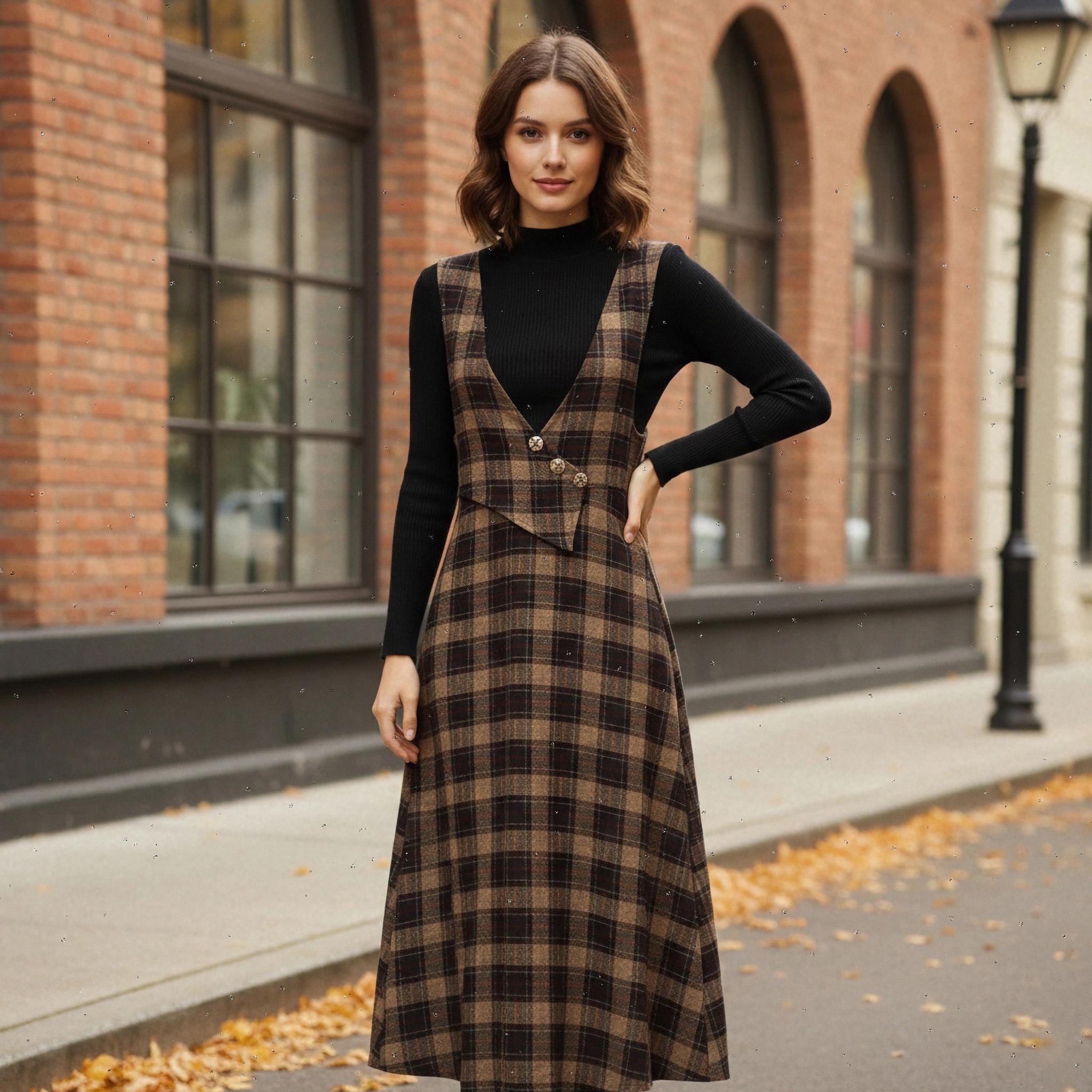 plaid collar dress flare hemline brown Tea Length Wedding Dresses,Garden Wedding Dress,WD00415