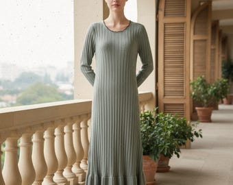 Midi-robe tricotée à manches longues pour femme | Robe ajustée élastique à ourlet à volants | Robe décontractée de tous les jours | Cadeau Saint-Valentin