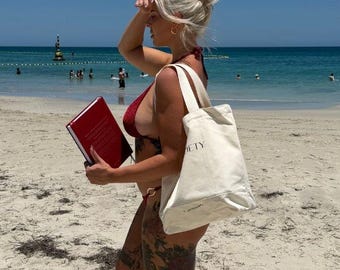Bolso grande de lona: minimalista, con cierre de cremallera, para playa o para uso diario.