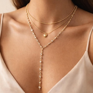 Collar largo de oro con forma de corazón en capas, colgante de cadena en Y con estación apilable
