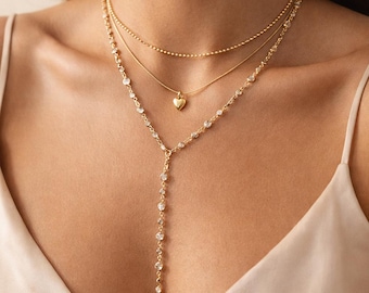 Layered Gold Heart Lariat Necklace, Stacking Station Y-Chain Dangle