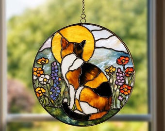 Calico Cat Suncatcher, Good Luck Cat Gift, Tricolor Kitty Window Hanging, Floral Garden Decor, Cat Mom Gift, Round Sun Catcher, Lover Gift