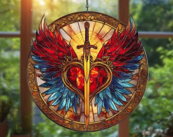 Fireheart Throne of Glass Suncatcher Sword in Flaming Heart Flaming Heart Suncatcher: Angel Wings & Sword Decor, Magical Gift, NOT GLASS