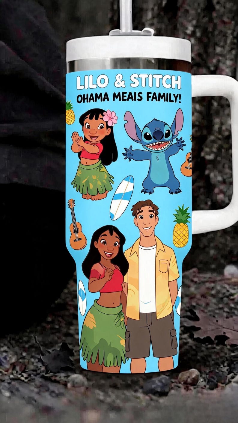 May include: A light blue tumbler with a white handle and lid featuring Lilo & Stitch characters, including Lilo, Stitch, and Nani, along with pineapples, ukuleles, and surfboards. The text LILO & STITCH OHANA MEAIS FAMILY is printed at the top.
