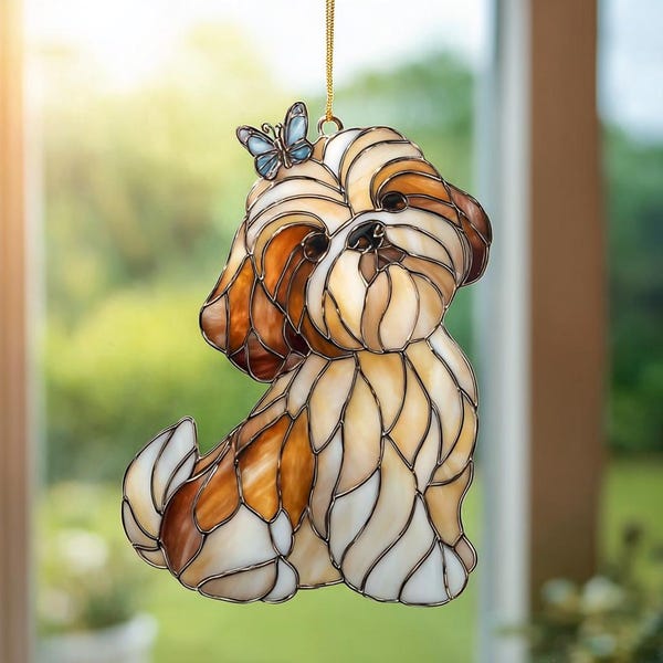 Shih Tzu Suncatcher, Pet Memorial Gift, Dog with Butterfly Window Hanging, Loss of Pet Sympathy Gift, Pet Portrait Ornament, NOT GLASS