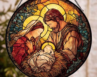 Holy Family Nativity Acrylic Suncatcher, Christmas Ornament, Faux Stained Glass, Christian Religious Gift, Jesus Birth Scene, Catholic Home