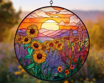 ひまわり畑の日の出ステンドグラスアクリルサンキャッチャー - 窓に