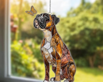 ボクサー犬メモリアルサンキャッチャー（蝶付き）、ペットロスお悔やみギフト、ボクサー犬用窓飾り、犬の追悼オーナメント、犬好き向け、ガラス製ではありません