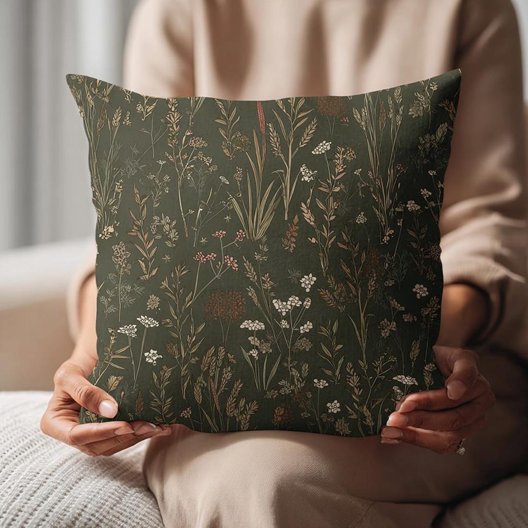 Moody Botanical Dark Olive Pillow, Enchanted Forest Woodland Cushion, Fae Aesthetic Reading Nook, Dark Cottagecore Floral Cover (POLYESTE)