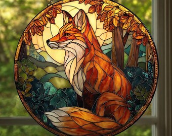 森のキツネ #2: ステンドグラス風の窓飾り - Etsy 日本