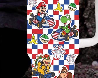 4th of July Mario Kart Tumbler, Star Spangled Racing 40oz Cup, Patriotic Gamer Travel Mug, Independence Day Fireworks, Yoshi Bowser