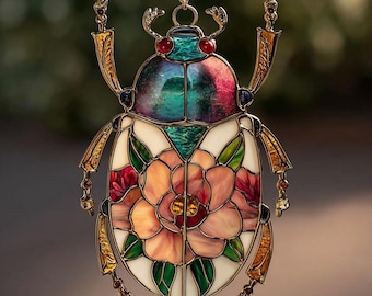 Gothic Scarab Beetle Suncatcher, Teal and Gold Beetle Art, Egyptian Insect Ornament, Spiritual Art Gift, Iridescent Window Decor, NOT GLASS