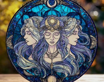 Hecate Triple Goddess Suncatcher, Hekate Altar Decor, Greek Goddess of Magic, Witchy Window Hanging, Pagan Gift, Key and Torch Art