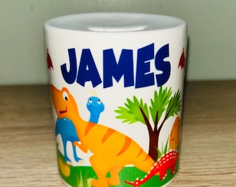 Dinosaur Design Personalised Money Box, Piggy Bank, Birthday Gift, Baby gift, keepsake, Saving, bedroom/nursery decor, Ceramic
