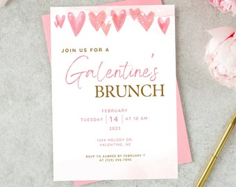 Galentine's Brunch Invitation, Valentine's Party, Editable in Canva, Galentine's Invite, Pink Hearts, Girls Brunch Party Invitation, DIGITAL
