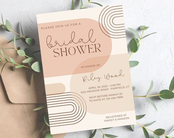 Modern Bridal Shower Invitation Template, Wedding Shower Invite, Retro Rose Gold Colorful Geometric, Editable in Canva, DIGITAL TEMPLATE