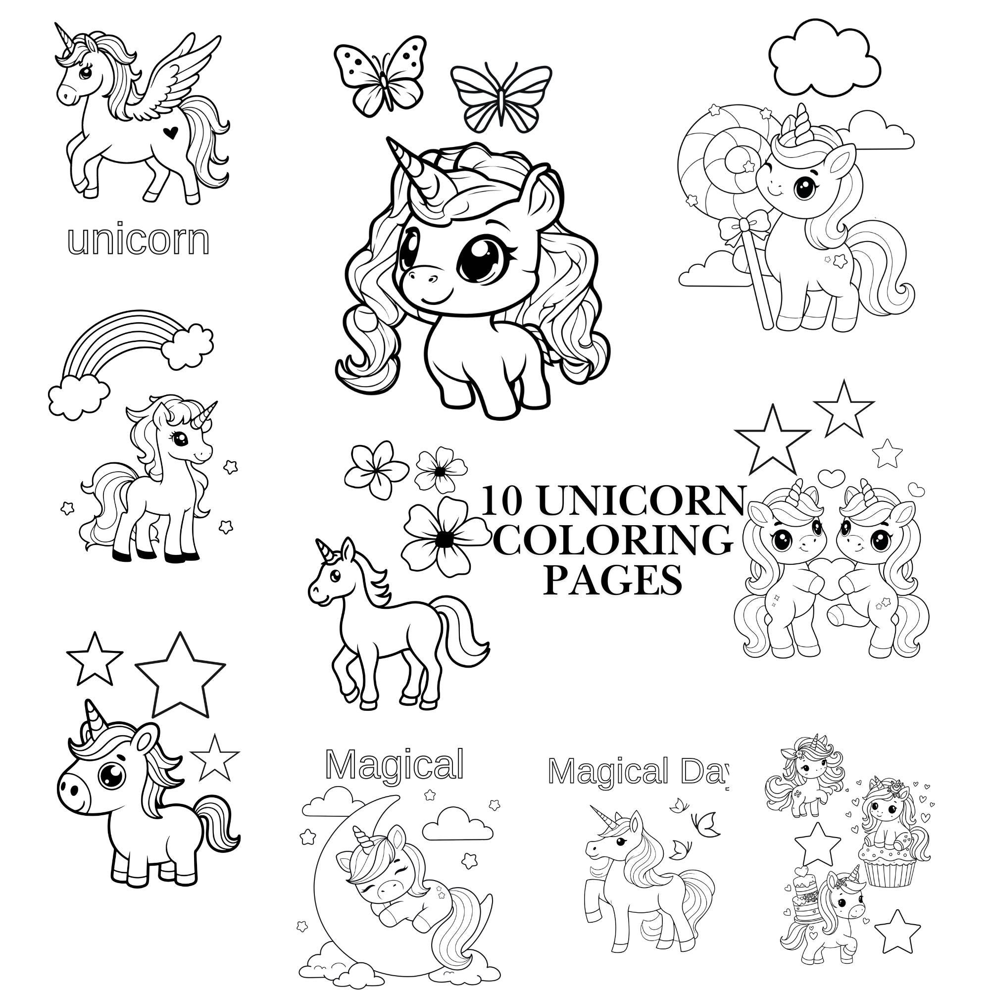 10 Unicorn Coloring Pages Bundle, Printable Kids Activity, Magical ...