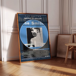 May include: A framed poster for The Smiths' album "Hatful of Hollow." The poster has a blue and white design with a black and white image of a person. The album title and tracklist are displayed.