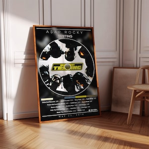 Puede incluir: Un póster enmarcado con la carátula del álbum "Testing" de A$AP Rocky. El póster tiene un fondo negro con una imagen circular de la cara del artista y el título del álbum. El póster incluye la lista de canciones del álbum y la fecha 25 de mayo de 2018.