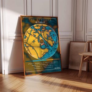 May include: A framed poster of The Strokes' "Is This It" album art. The design is a circular pattern in yellow and blue, with a central hole. The poster includes the band name, album title, tracklist, and the date July 30, 2001.