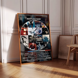 Może przedstawiać: Oprawiony plakat z okładką albumu "Achtung Baby" zespołu U2. Grafika to kolaż zdjęć ułożonych w okrąg. Plakat zawiera tytuł albumu, nazwę zespołu i listę utworów. Rama jest brązowa.