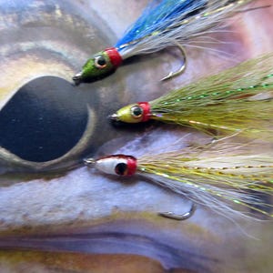Può includere: Tre esche da pesca con ami in metallo, ciascuna caratterizzata da una testa dipinta con un occhio prominente e lunghe fibre sintetiche fluide blu, bianche, verde oliva e gialle, posizionate sopra un occhio di pesce e squame sfocati.