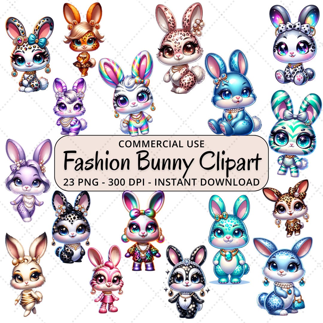 23 Fashion Bunny Clipart Bundle, Glossy Cartoon Whimsical Bunnies PNG ...
