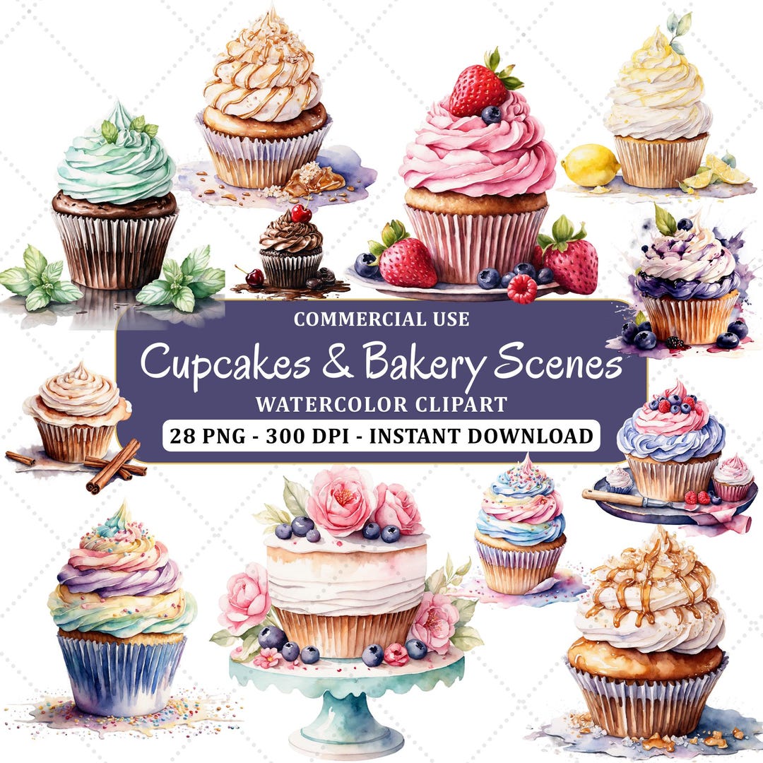 28 Watercolor Cupcakes and Bakery Scenes Clipart Set – Floral and ...