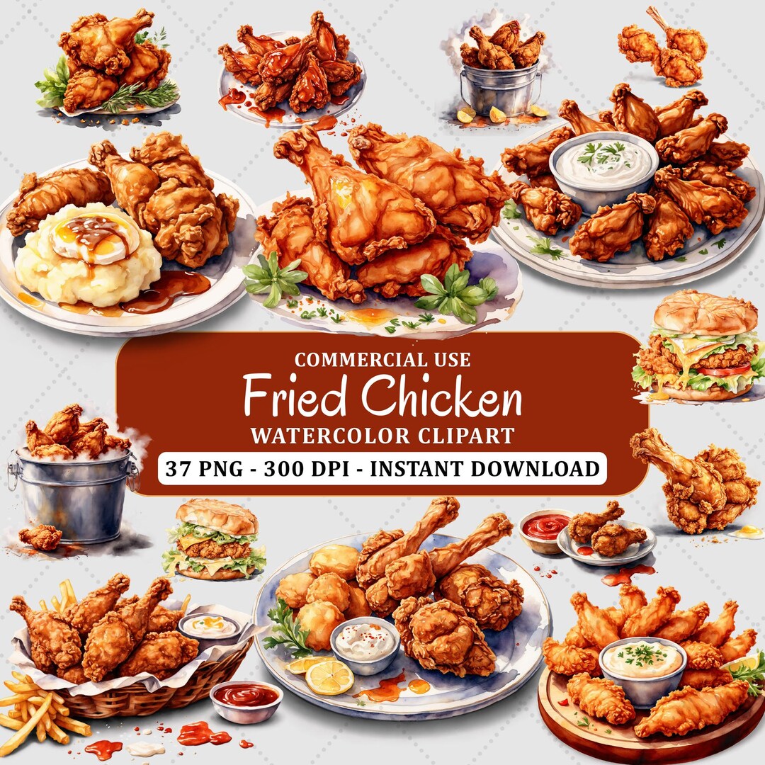 37 Watercolor Fried Chicken Clipart Set – Crispy Chicken Wings ...
