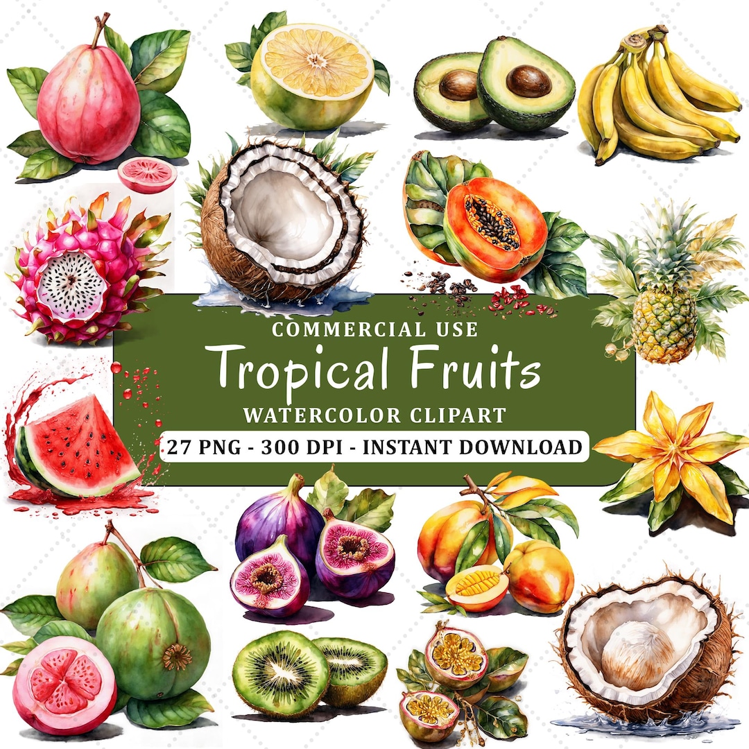 27 Watercolor Tropical Fruits Clipart Bundle – Pastel Fruit, Mango ...